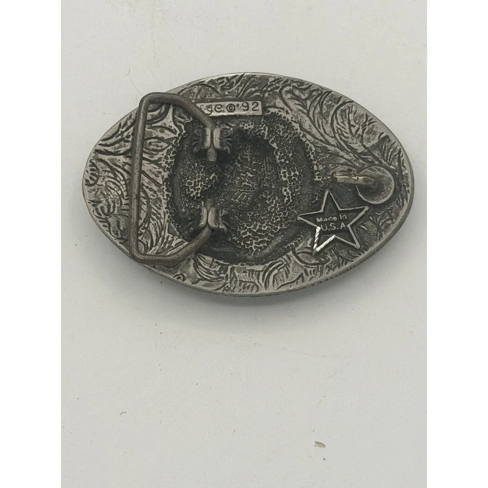 Vintage 1992 EGE Pewter Western Belt Buckle Horse Horseshoe Ornate Scroll USA